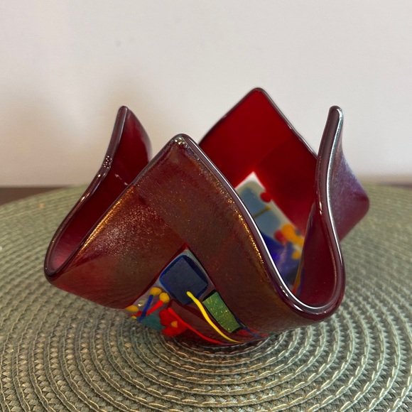 Melissa Branzell Dichroic Fused Art Glass Dish Plate Handkerchief Red Multicolor - Picture 1 of 9